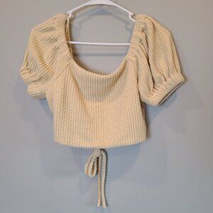 Fore Crop Top Shirt Womens Large Pale Yellow Puff Short Sleeve Lace Up Back